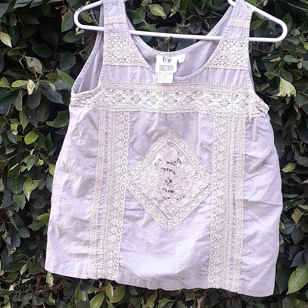 TOGETHER Tan Nude Sleeveless Blouse Lace trim 10 - Picture 1 of 9